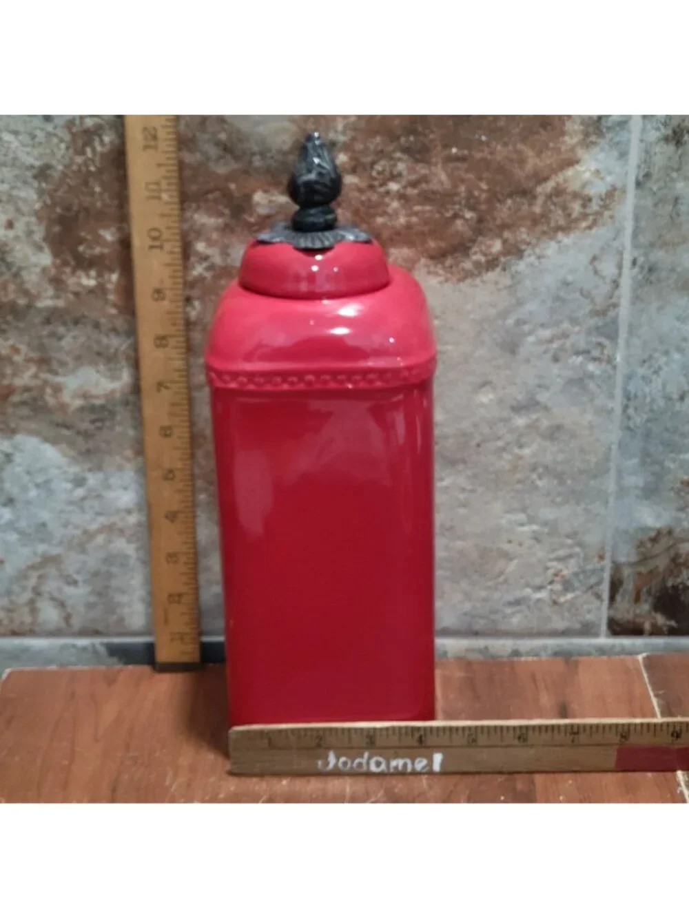 Red Ceramic Kitchen Canister Metal Lily Floral Finial 121/2 Inch Tall